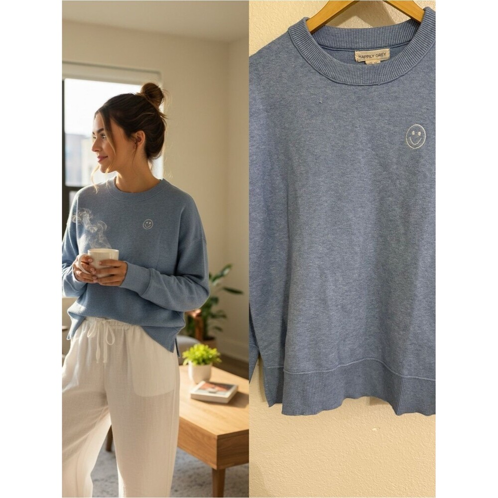 Happily Grey Blue Smiley Face Knit Lounge Sweater Women’s Small